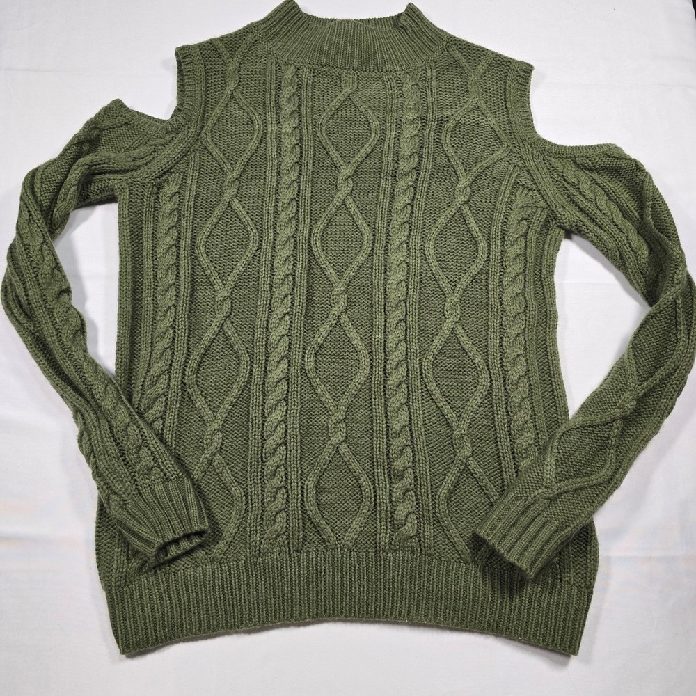 Cloud Chaser Womens XS Cold Shoulder Cable Knit Mock Neck Sweater Olive Green